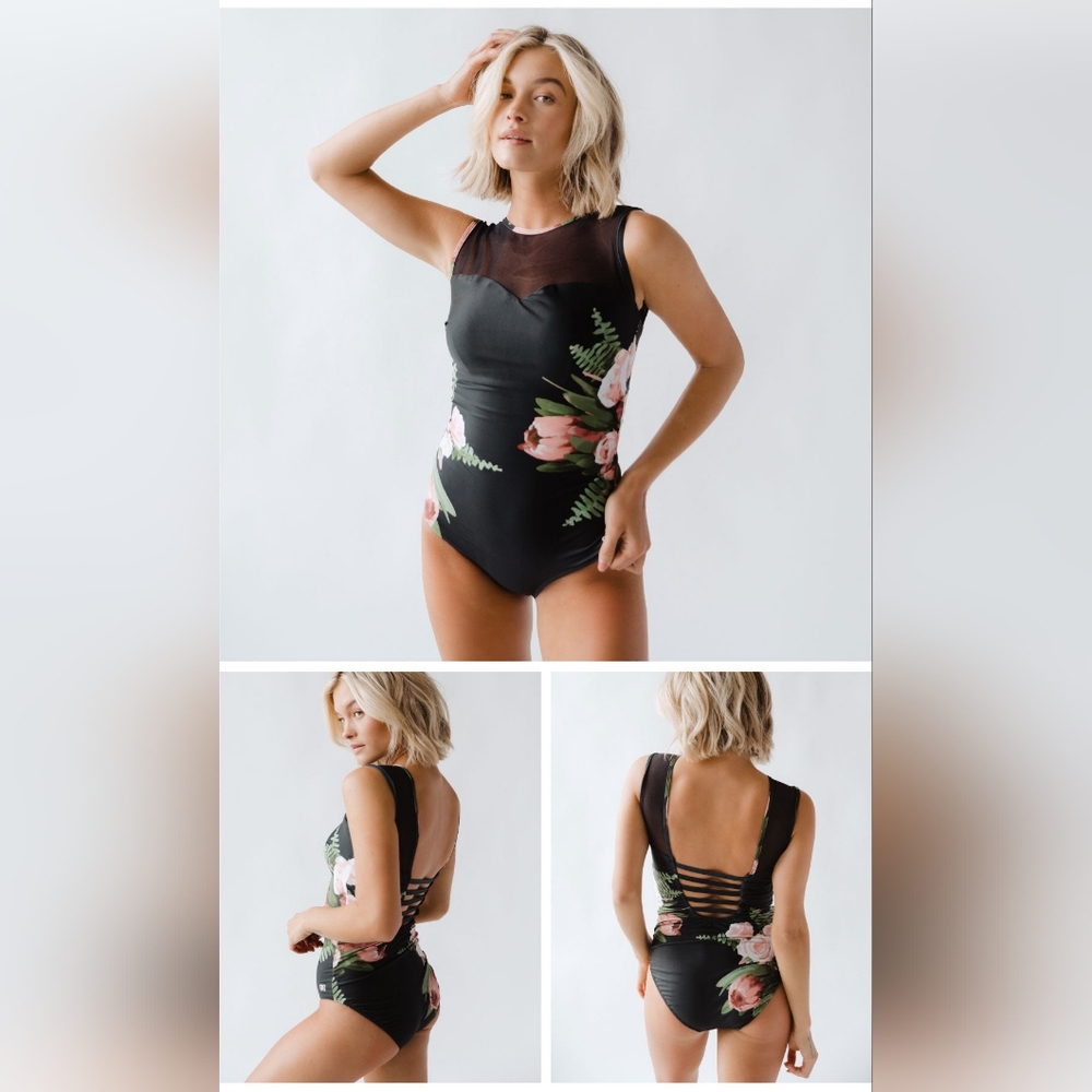NWOT Albion Black Floral One-Piece Swimsuit with Pink Flowers